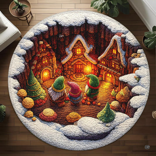 Sunken winter canyon gnome hamlet cottages circular area rug in top overhead view