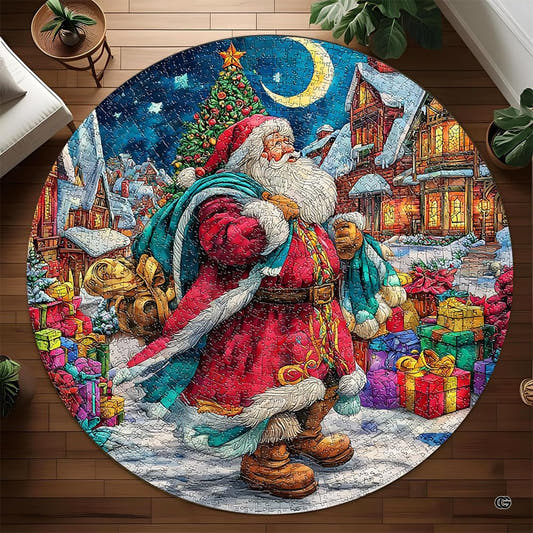 Overhead view of a round jigsaw puzzle Santa Claus Christmas village area rug on wood flooring.