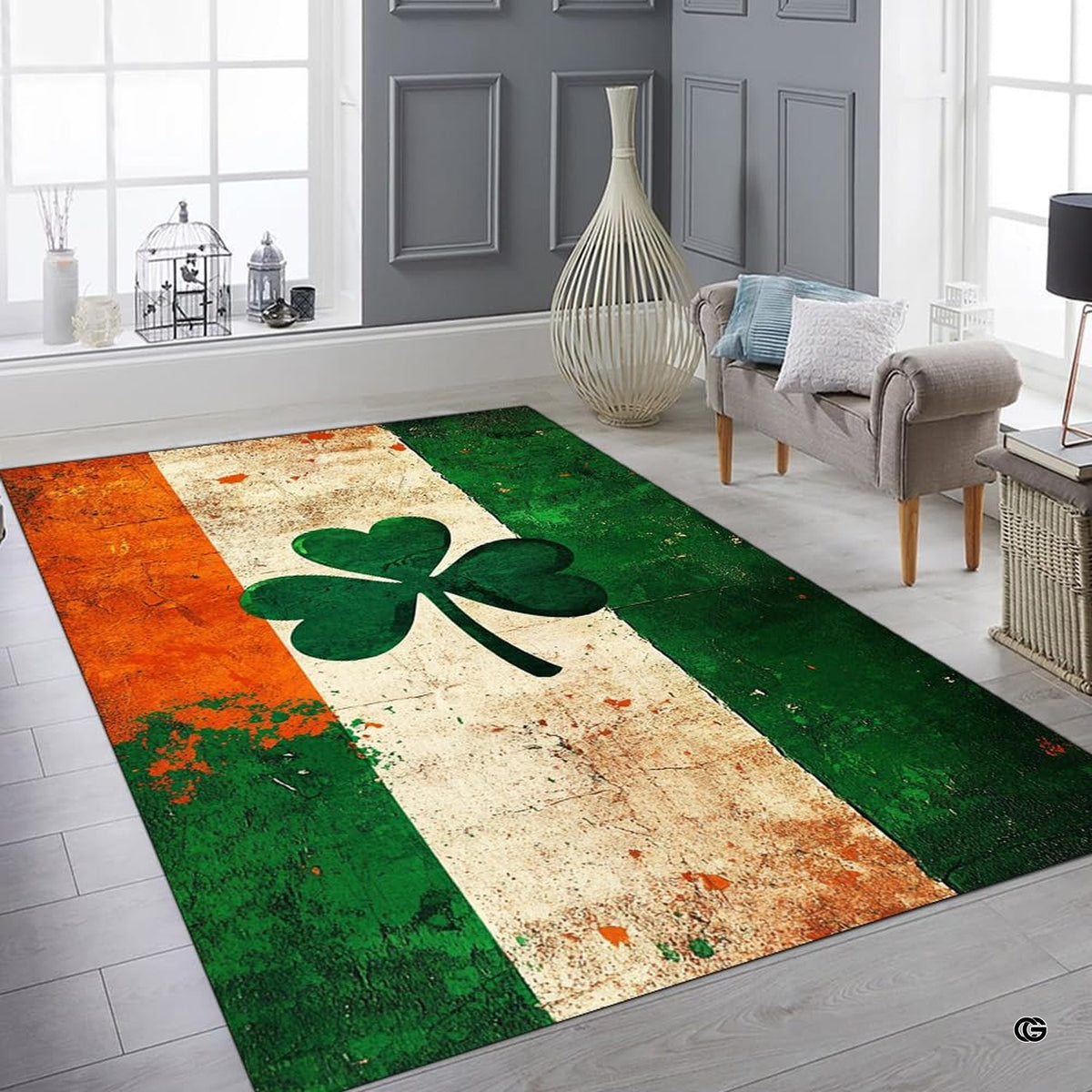 Bright contemporary sitting room interior showcasing the green shamrock flag area rug
