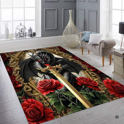 Detailed view of the blooming red roses and gilded mirror frame artwork on a victorian gothic area rug. - thumbnail image 6 of 8