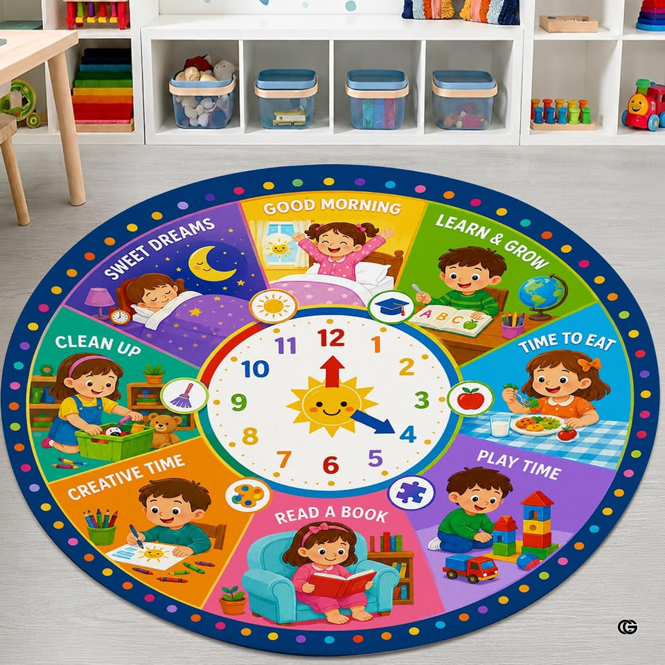 Classroom area rug with colorful daily schedule clock design displayed on the floor