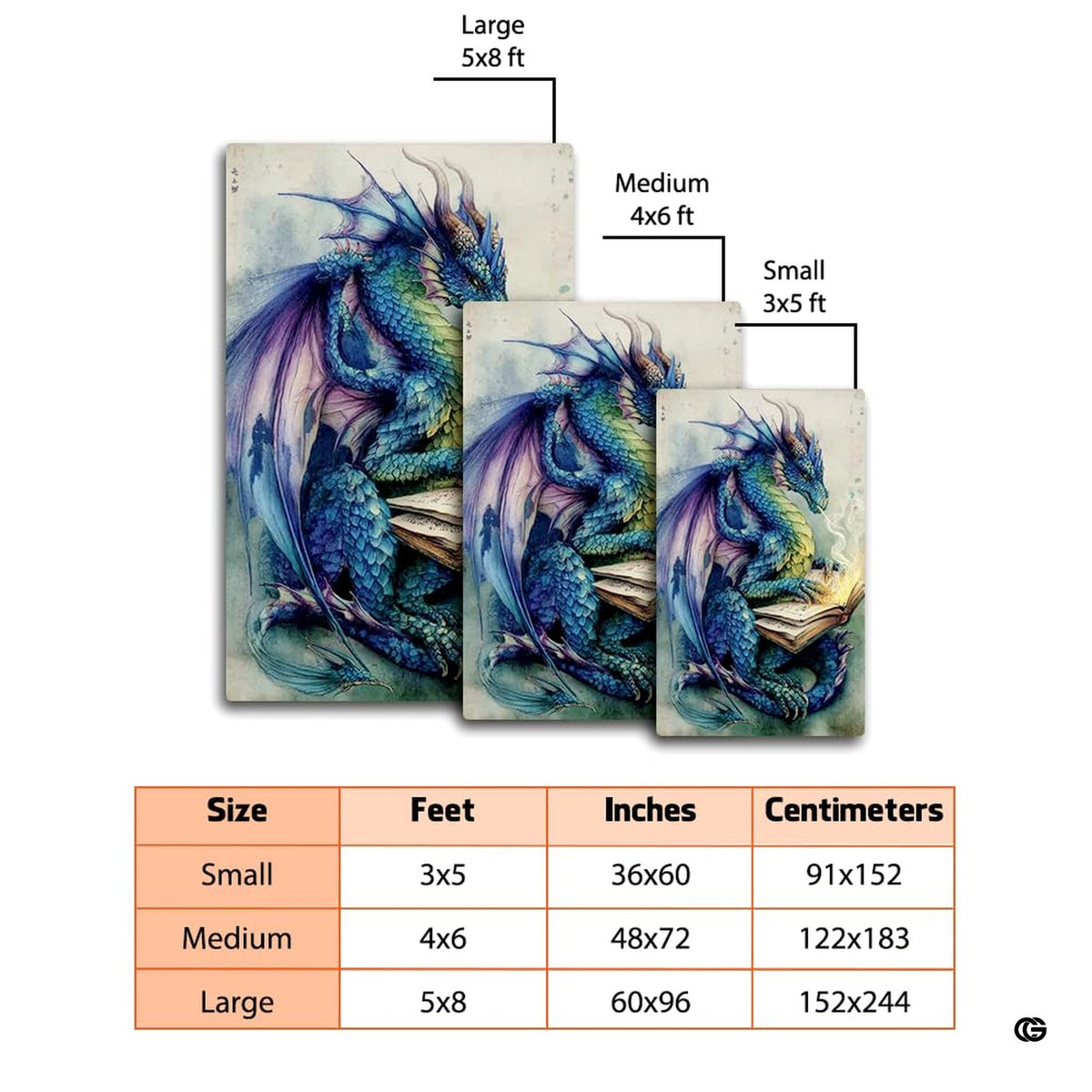Blue and purple fantasy dragon reading an ancient tome while breathing magical wisps of smoke area rug.