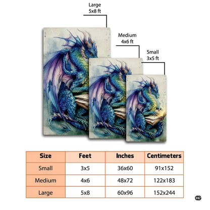 Blue and purple fantasy dragon reading an ancient tome while breathing magical wisps of smoke area rug. - thumbnail image 2 of 8