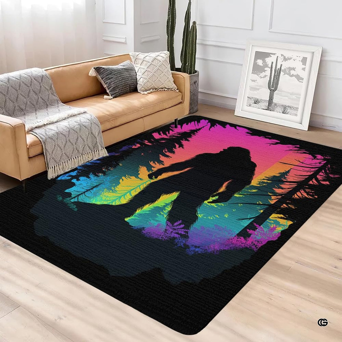 Close-up view of radiant cyan, pink, and yellow hues on black forest border rug graphic artwork. - image 4 of 5