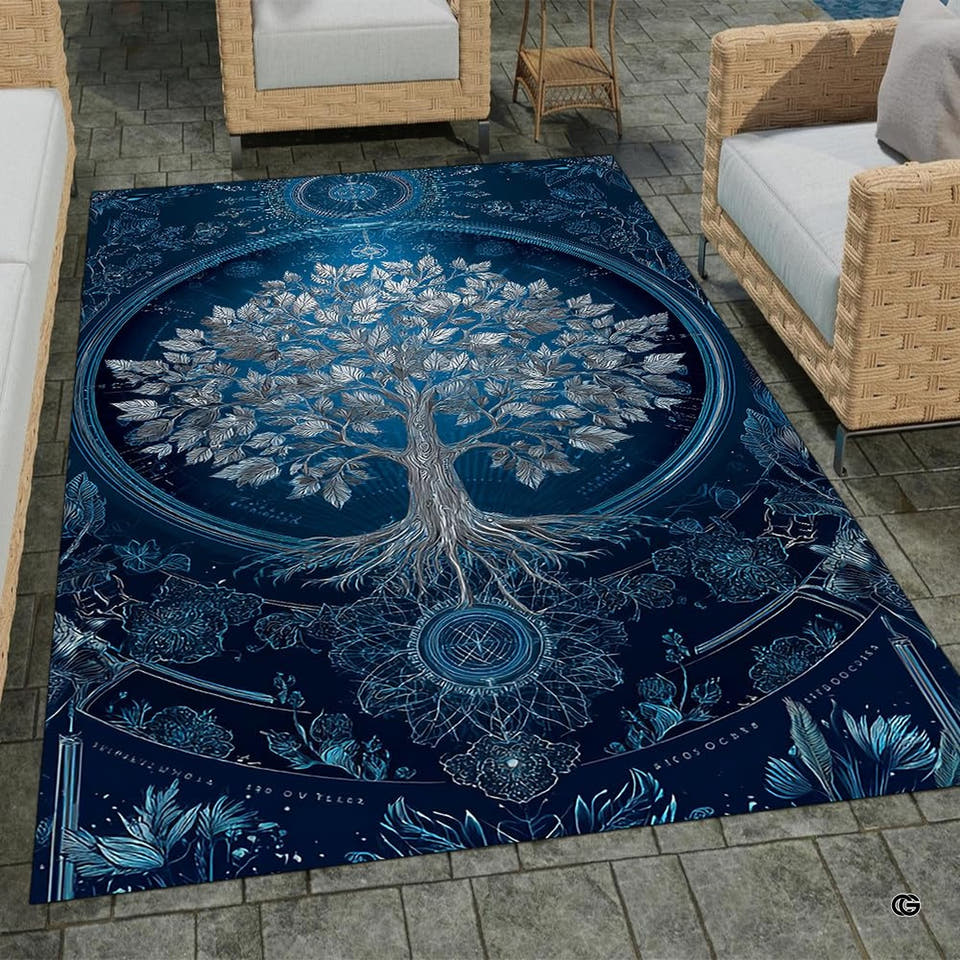 Tree of life navy blue area rug featuring celestial mandala artwork centered on hardwood flooring.