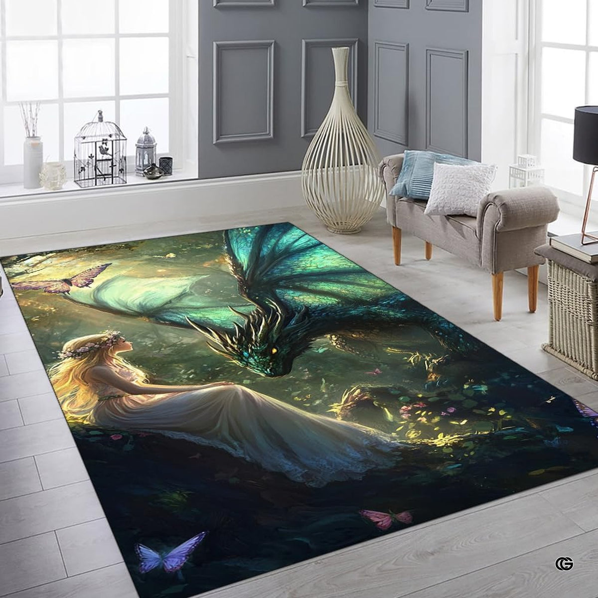 Fantasy maiden and dragon area rug displayed in a bright studio room with wooden floors and house plants. - image 6 of 7