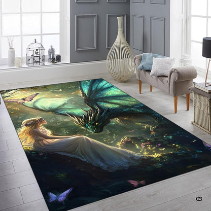 Fantasy maiden and dragon area rug displayed in a bright studio room with wooden floors and house plants. - thumbnail image 6 of 7