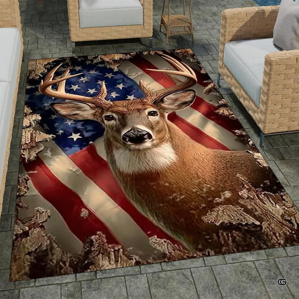American flag deer buck area rug centered on wooden floorboards.