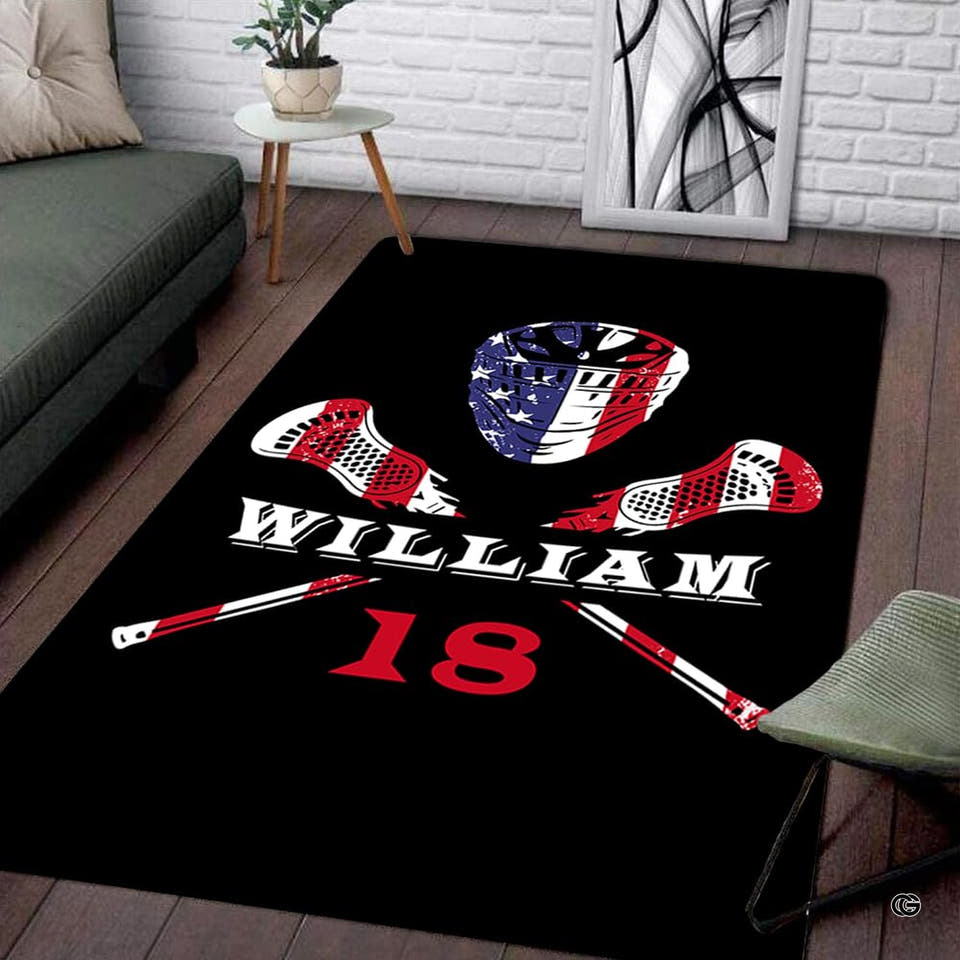 Modern room setting displaying the patriotic lacrosse helmet and crossed sticks area rug