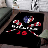 Modern room setting displaying the patriotic lacrosse helmet and crossed sticks area rug