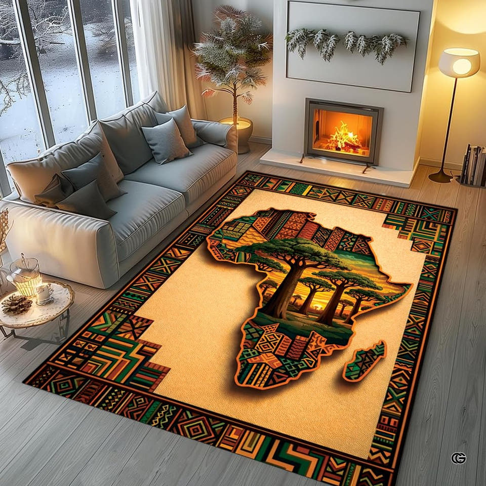 African continent baobab sunset tribal patterns area rug in primary perspective