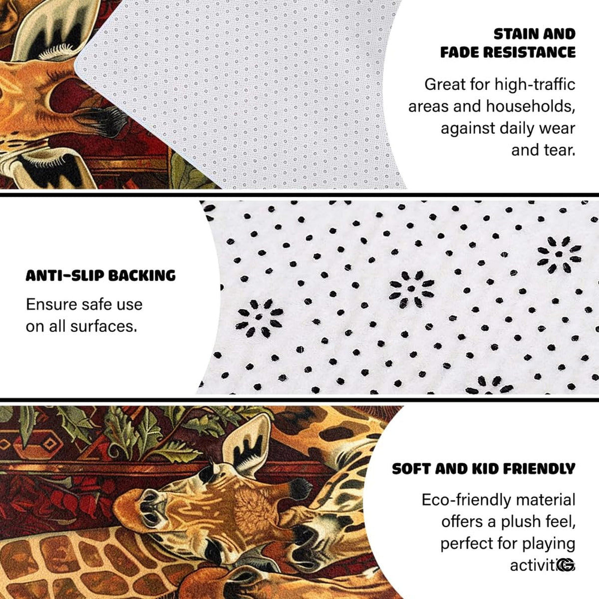 Infographic showing anti-slip dotted backing and stain resistance features
