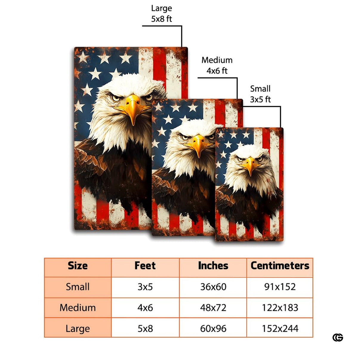 Dimensions and sizing chart for patriotic bald eagle American flag area rug