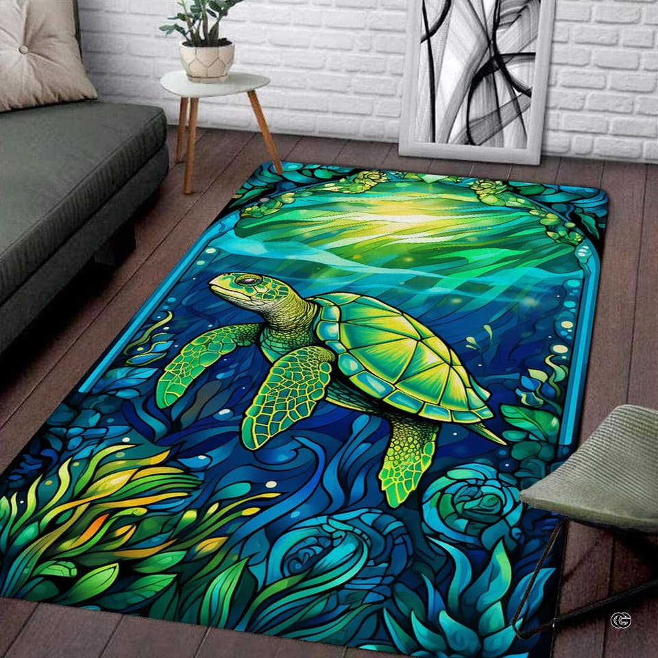 Living room seating setup featuring the stained glass sea turtle mosaic coastal area rug