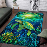 Living room seating setup featuring the stained glass sea turtle mosaic coastal area rug