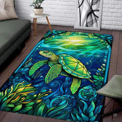 Living room seating setup featuring the stained glass sea turtle mosaic coastal area rug - thumbnail image 1 of 7