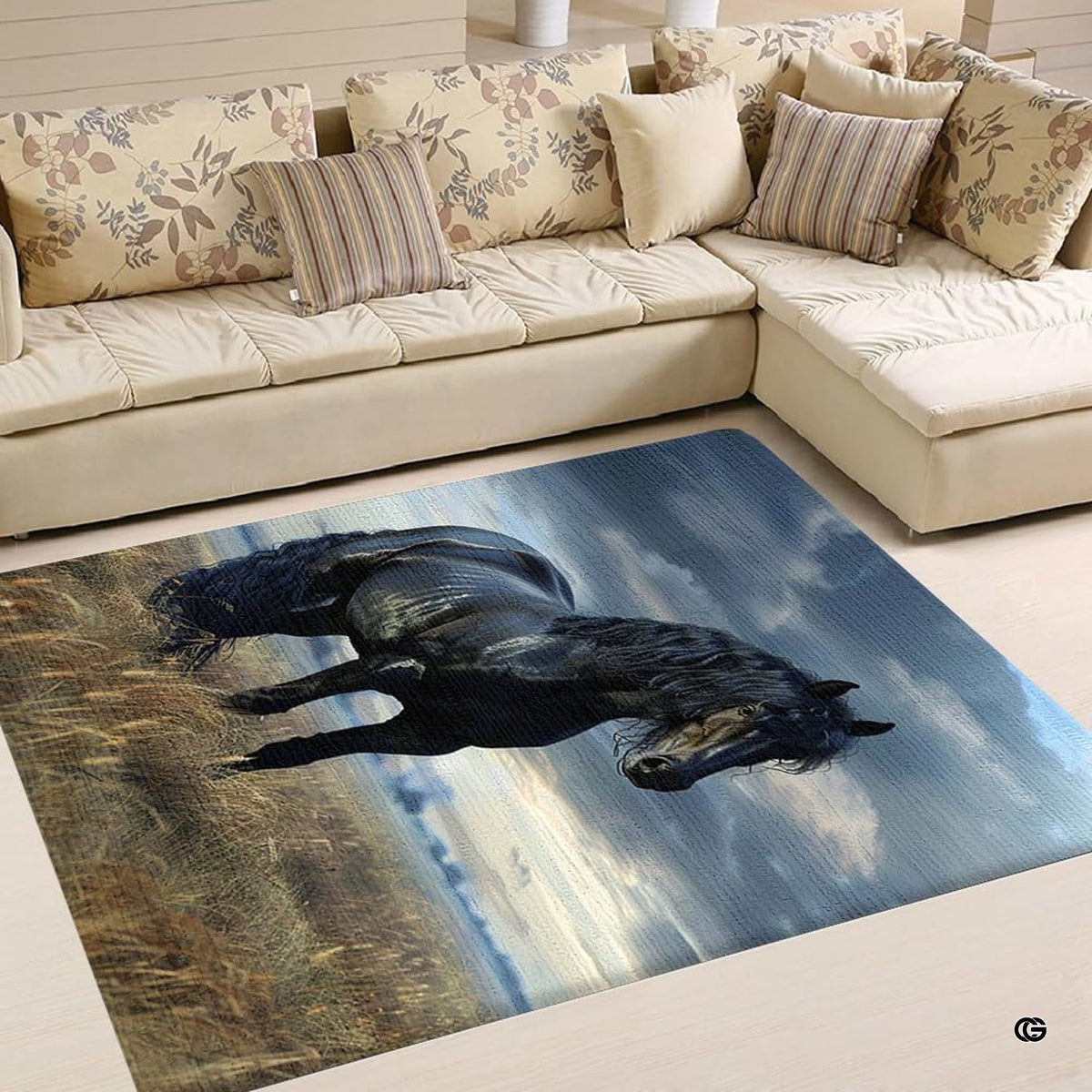 Detailed view of dark horse artwork with charcoal tones and olive landscape colors.