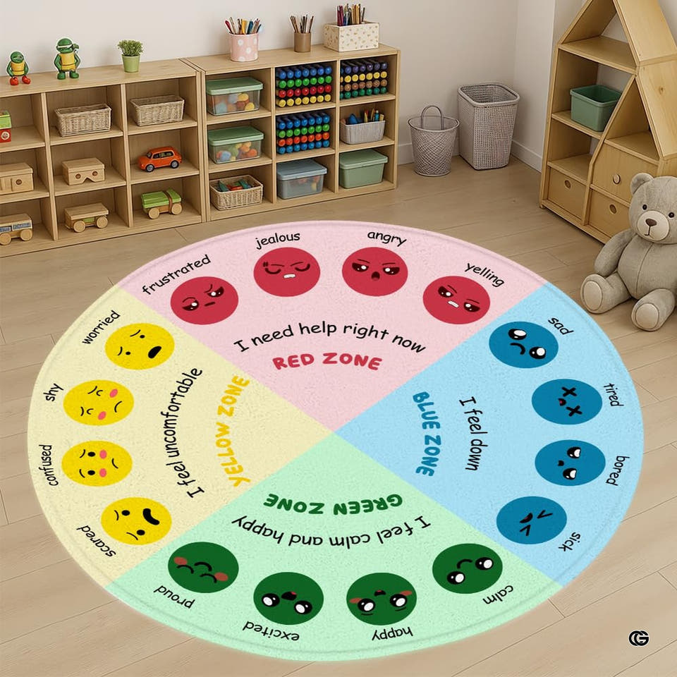 Playroom view displaying the round emotional learning area rug centered on light wood flooring beside cubbies.