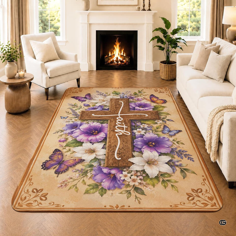 Rustic botanical wooden cross area rug with purple florals and butterflies on parquet floor