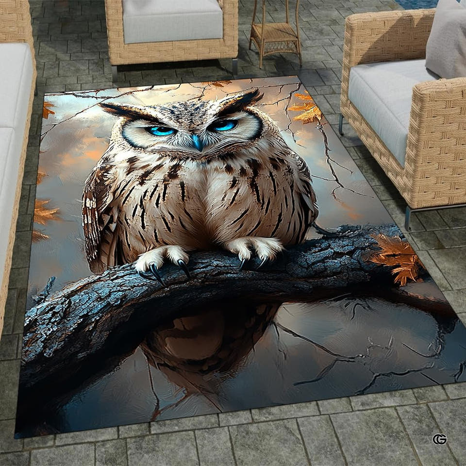 Piercing blue eyes horned owl perched on tree branch over water rectangular area rug.