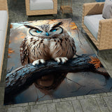 Piercing blue eyes horned owl perched on tree branch over water rectangular area rug.