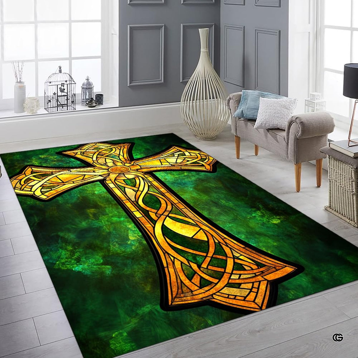 Overhead perspective of the Celtic knot cross area rug showing the circular motif meaning. - image 6 of 8