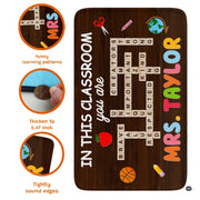 Dark wood plank style rug with educational icons and colorful bubble typography for classroom decor. - thumbnail image 5 of 8