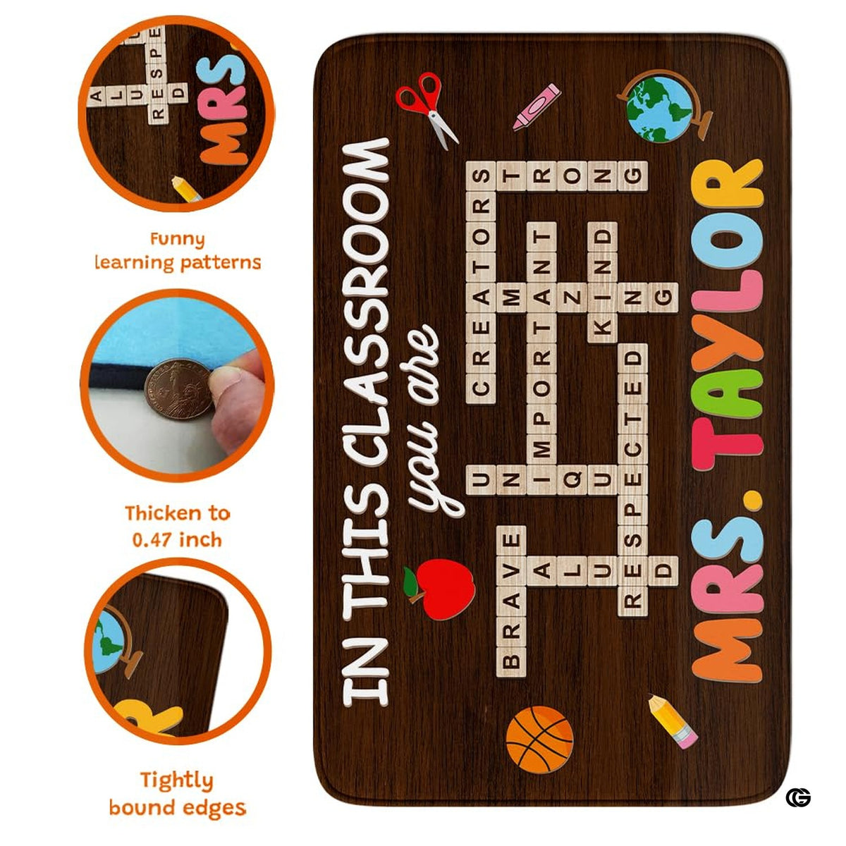 Dark wood plank style rug with educational icons and colorful bubble typography for classroom decor. - image 5 of 8