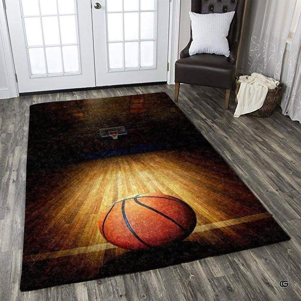 Sports court rug displaying hardwood basketball floor lines under bright arena spotlights.