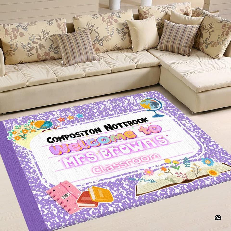 Purple Composition Notebook Floral Teacher Area Rug
