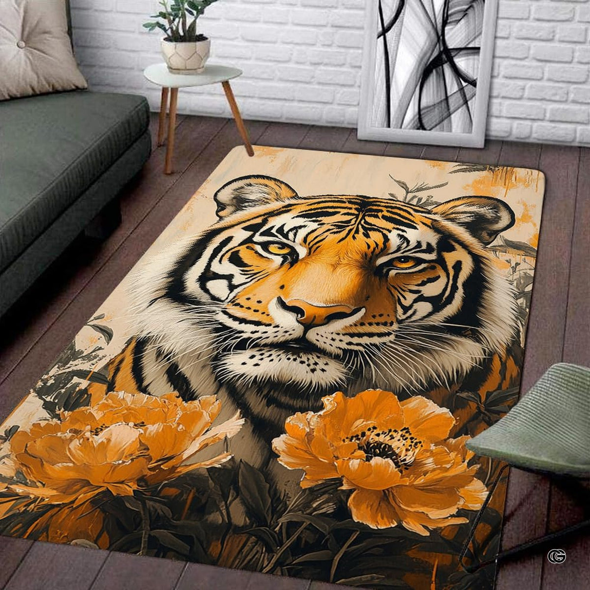 Golden peony tiger portrait botanical living room area rug in front of a modern couch