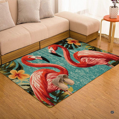 Home lounge arrangement displaying the hibiscus tropical pink flamingo accent rug - thumbnail image 7 of 7