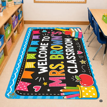 Personalized Teacher Classroom Rug, Custom Back to School Welcome Mat with Name, Kindergarten Preschool Elementary Decor, Composition Notebook Carpet (A12)