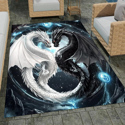 Stone patio setting featuring a Yin Yang white and black dragon cosmic fantasy area rug - thumbnail image 1 of 8