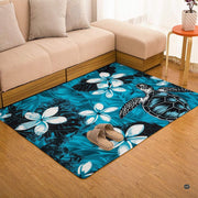 Honu sea turtle area rug displayed beside living room couch and side table. - thumbnail image 7 of 7