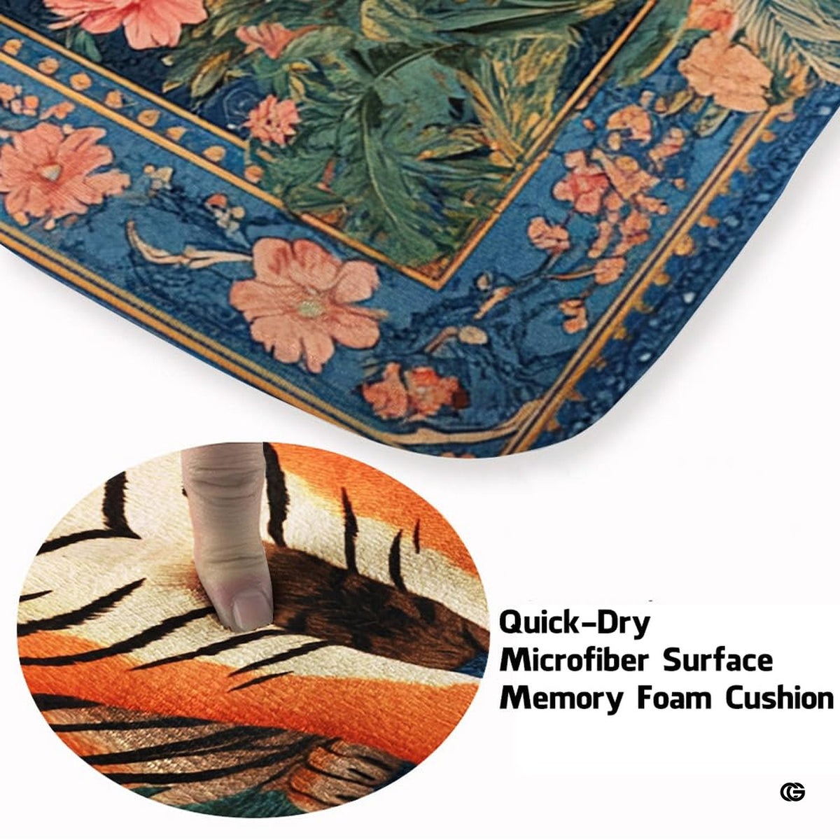 Soft low-pile microfiber fabric and foam cushioning detail of blue tiger rug
