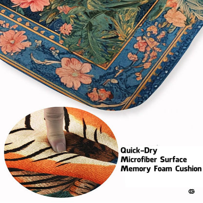 Soft low-pile microfiber fabric and foam cushioning detail of blue tiger rug - thumbnail image 3 of 8