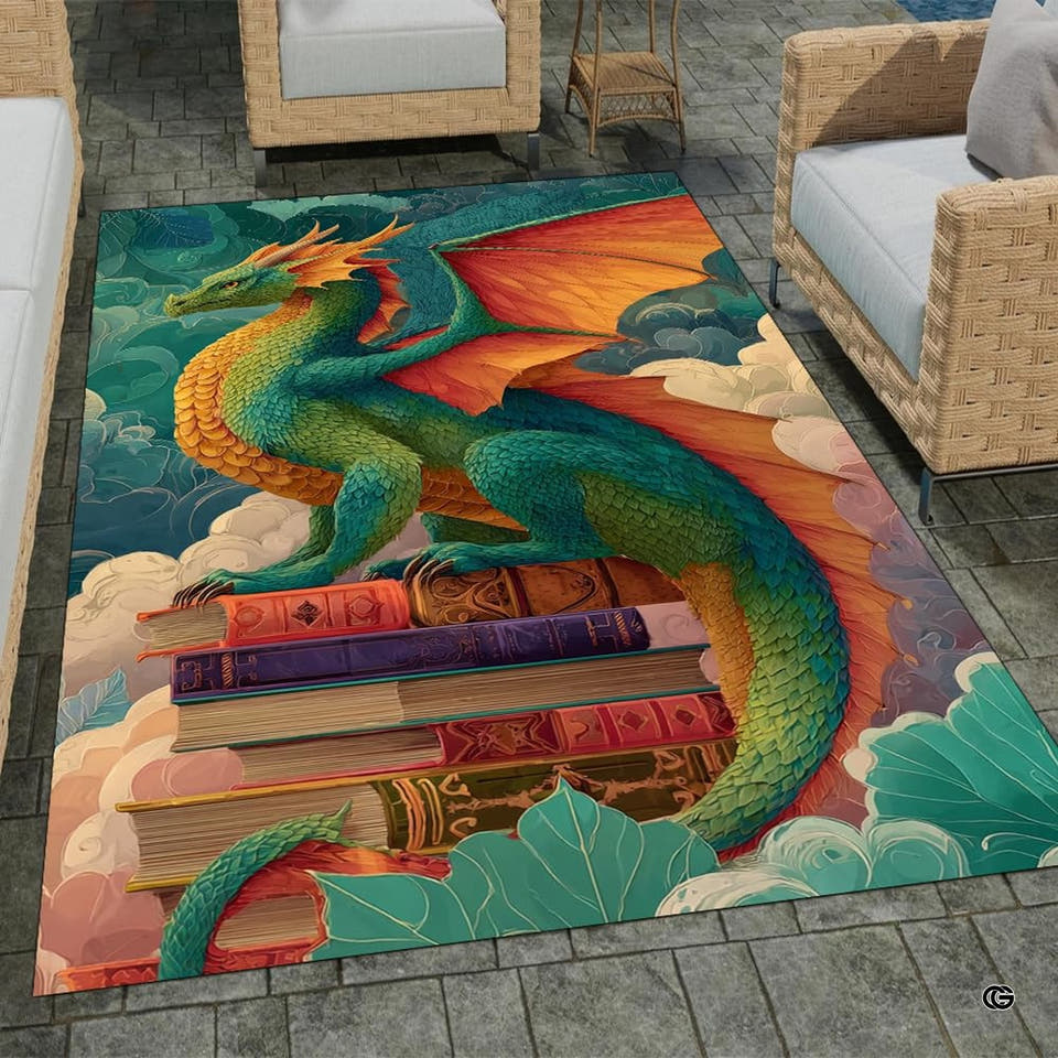 Emerald green and orange winged dragon perched on antique storybooks against a sky of pastel clouds area rug.