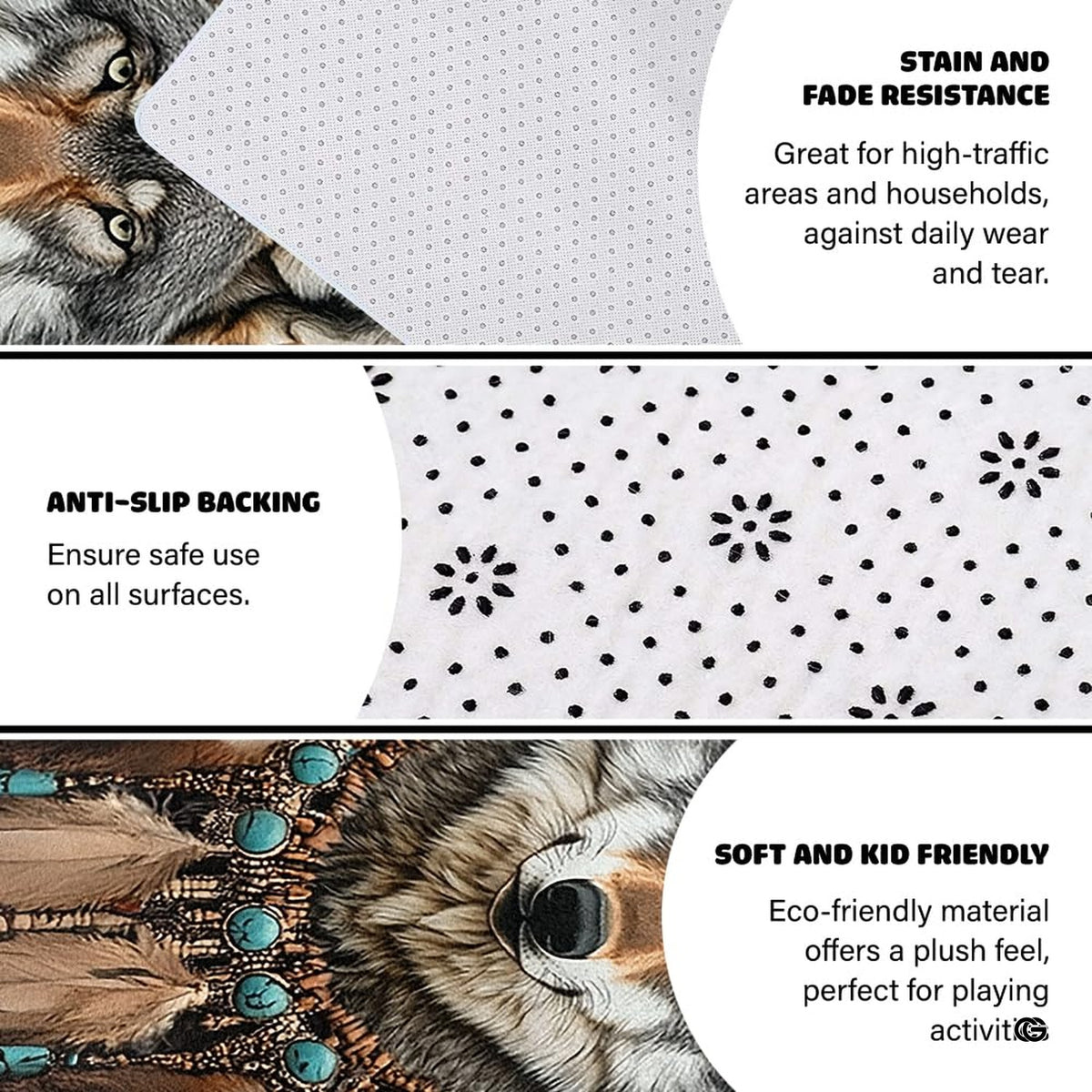 Overhead view of wolf portrait native area rug anchoring a lodge living room decor arrangement.