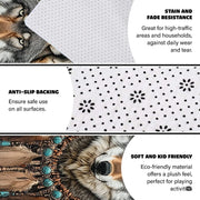 Overhead view of wolf portrait native area rug anchoring a lodge living room decor arrangement. - thumbnail image 6 of 7
