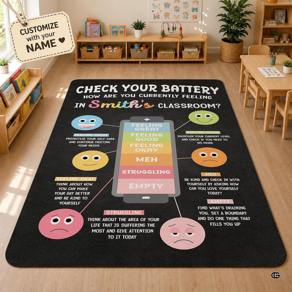 Classroom battery mood check area rug displayed across bright elementary classroom floor.