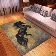 Living room setting featuring a dynamic black stallion equestrian floor rug. - thumbnail image 3 of 5