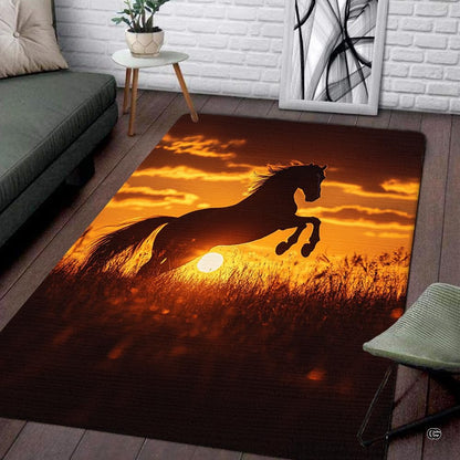 Galloping horse sunset silhouette living room area rug with leaping stallion across golden sunset field - thumbnail image 1 of 5