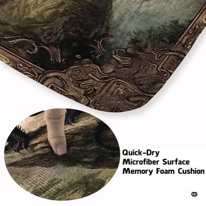 Dramatic black winged dragon perched on a high cliff overlooking an ancient fantasy castle and river valley area rug. - thumbnail image 3 of 8