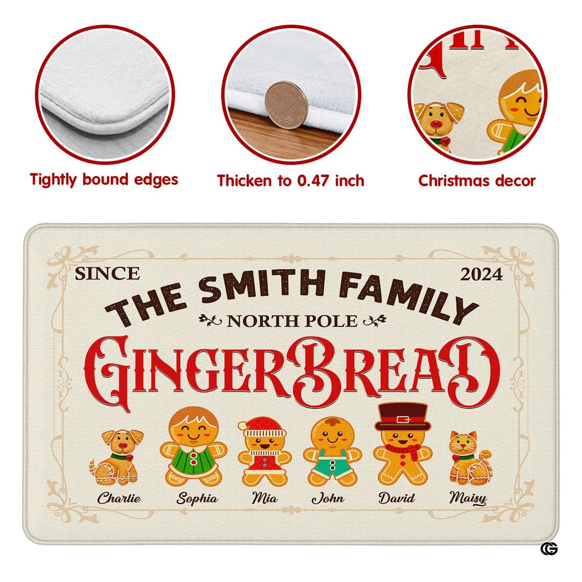 Detail shot highlighting gingerbread puppy and kitten wearing festive red scarves and Santa hats.