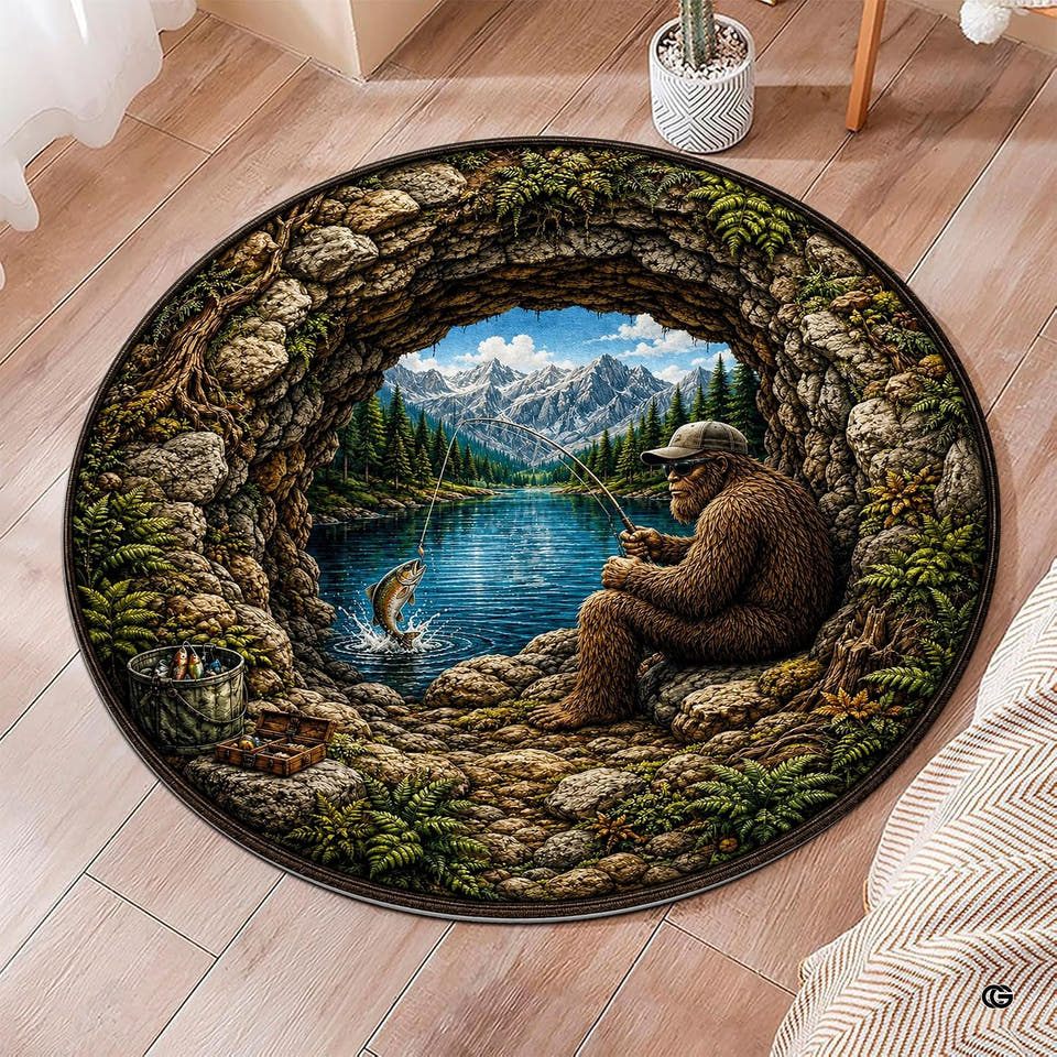 Bigfoot wearing cap angling at alpine lake inside stone archway on rustic fishing rug