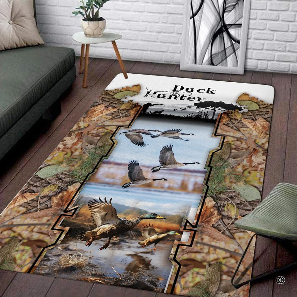 Waterfowl camo illusion living room area rug with 3D flying ducks and autumn leaves