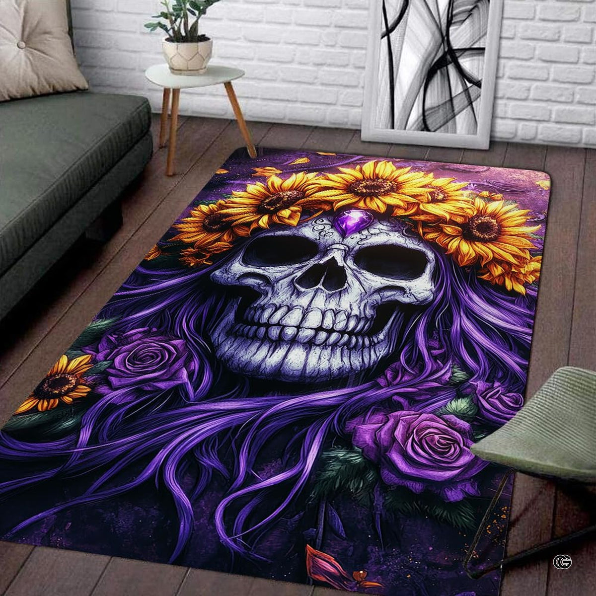 Gothic sunflower skull illustration rectangular area rug. - image 1 of 7