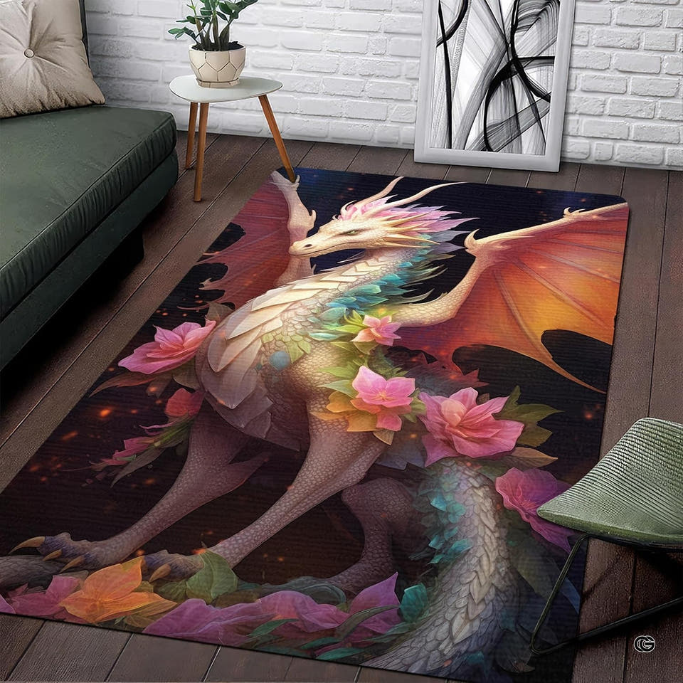Majestic white dragon with dragon floral design and spread wings on an area rug centerpiece.