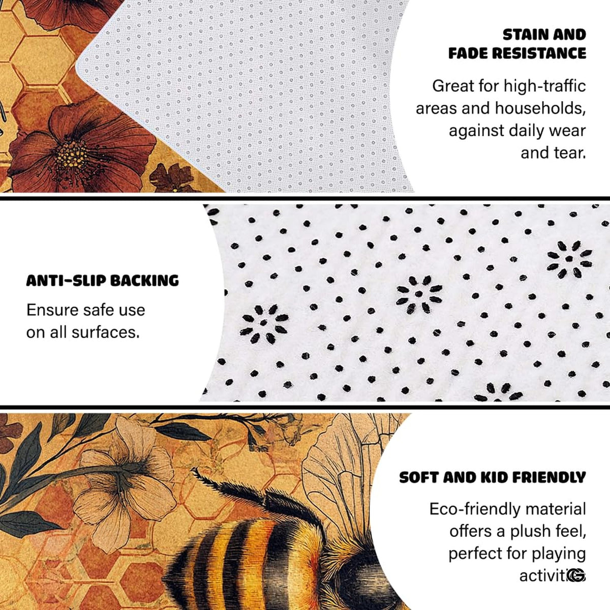 Overhead perspective of the cottagecore honey bee area rug showcasing full geometric honeycomb patterns.